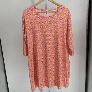 Womens Lulu B Sz 1X Dress Orange Pink Print UPF 50+ Stretch Preppy Elbow Sleeve